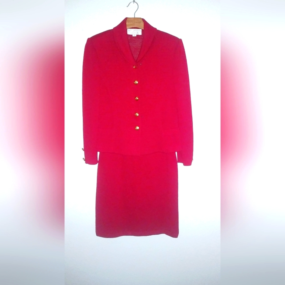 St. John Red Knit Skirt Suit Set